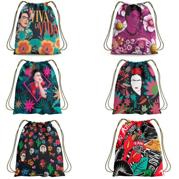Bolsas/Mochila de poliéster con cuerdas Frida Kahlo